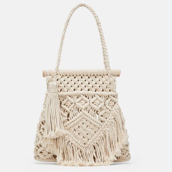 ZARA Macrame Woven Medium Hand Made Boho Bohemian Cream Shoulder Purse LIKE NEW - Picture 1 of 16